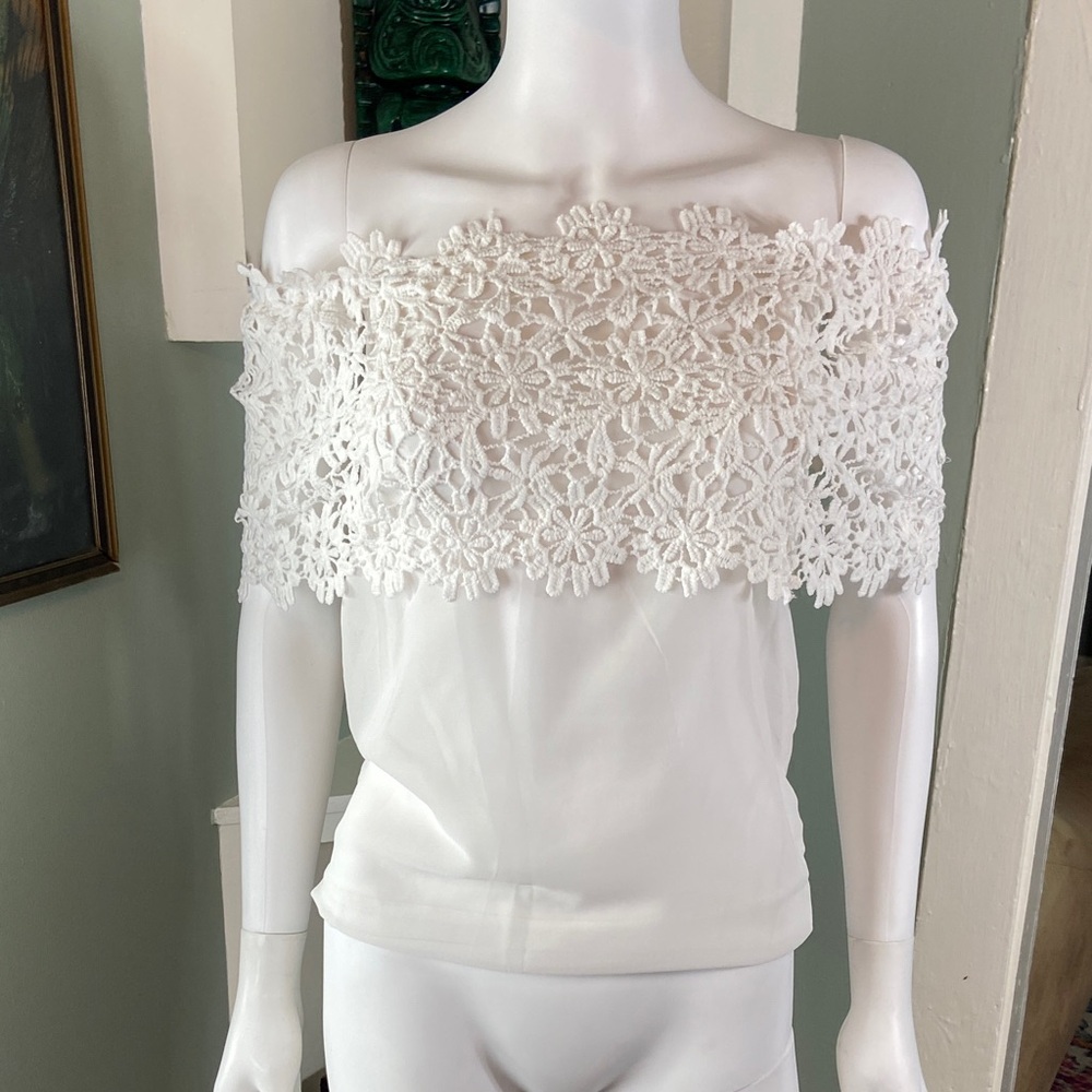 White Boho Bohemian Sheer Chiffon Floral Lace Off-Shoulder Blouse XSmall XS - Picture 2 of 8